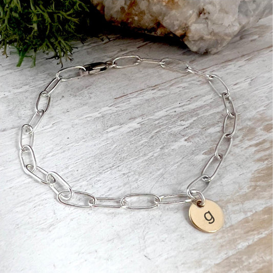 Sterling Silver Paperclip Bracelet with Gold Initial Charm | Personalized Minimalist Jewelry | Gift for Her