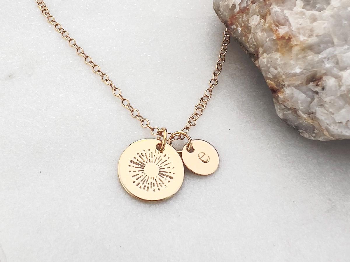 Sunshine Initial Necklace |  Personalized Initial Disc | Dainty Gold Necklace | Hand Stamped | Gift For Her