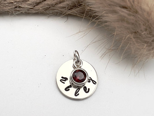 Personalized Name Charm with Birthstone | Hand Stamped Sterling Silver