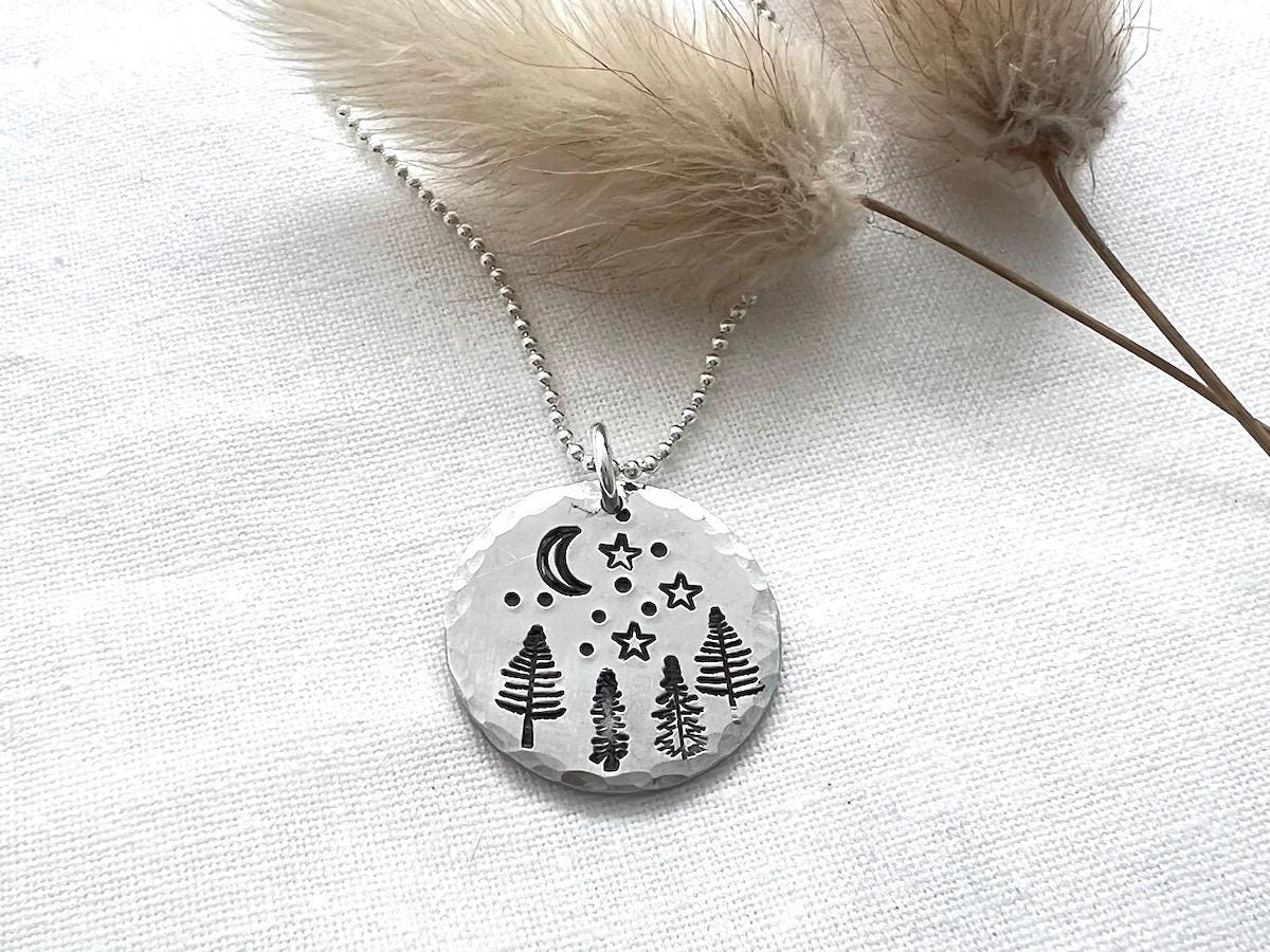 Night Sky Forest Nature Necklace | Outdoorsy Adventure Camping Jewelry | Hand-Stamped Sterling Silver Pendant Jewelry