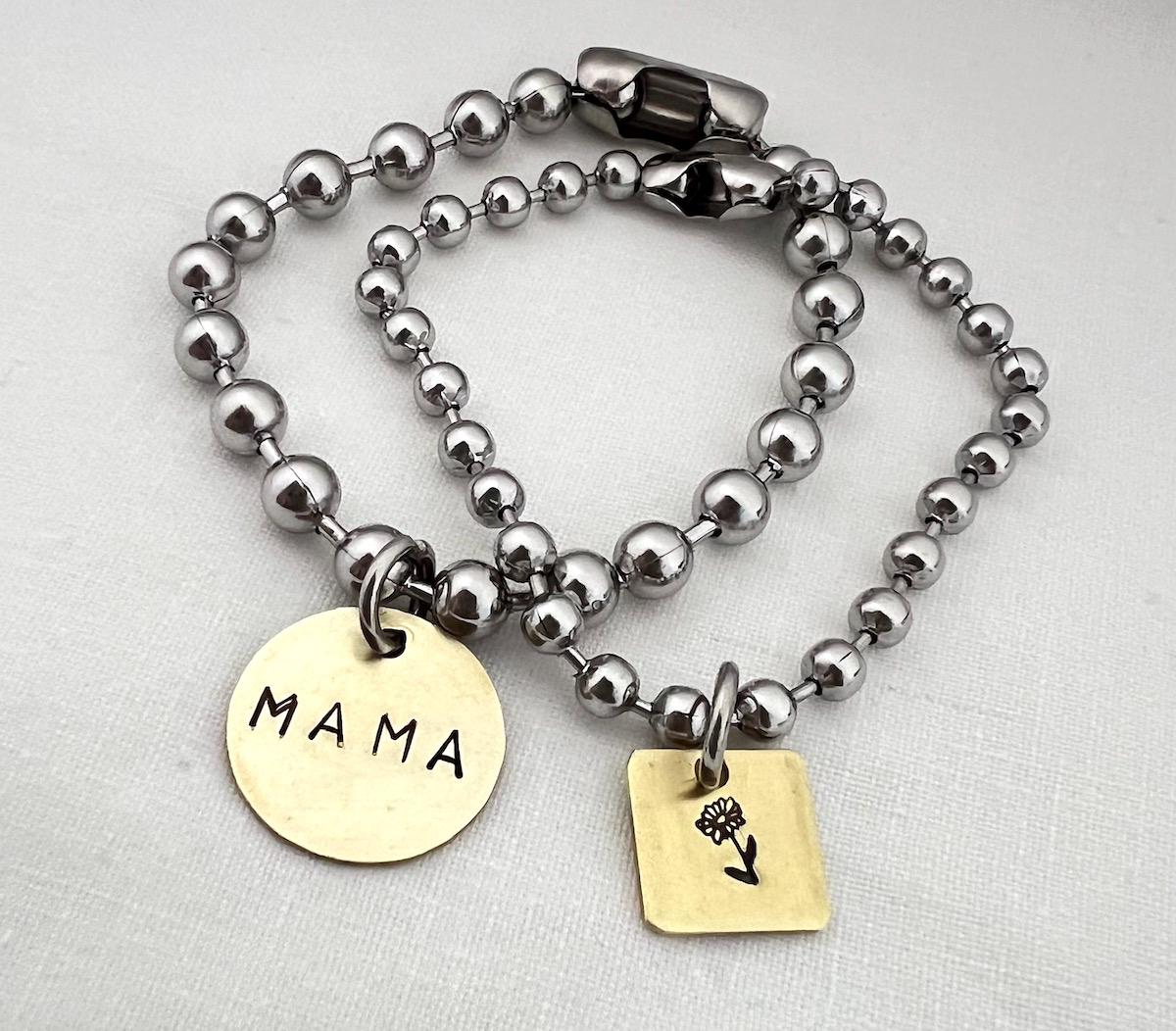 Chunky Stainless Steel Ball Chain Bracelet Set with Name & Birth Flower Brass Charms | Personalized Gift for Her | Personalized Jewelry