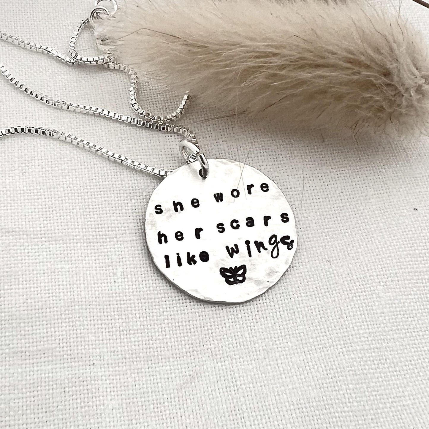 She Wore Her Scars Like Wings Necklace | Sterling Silver Pendant | Mental Health Awareness | Inspirational Recovery Support Cancer Gift