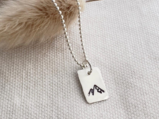 Tiny Mountain Tag Necklace | Mountain Jewelry | Sterling Silver | Gift For Woman | Outdoorsy Gift for Her | Hand Stamped Jewelry