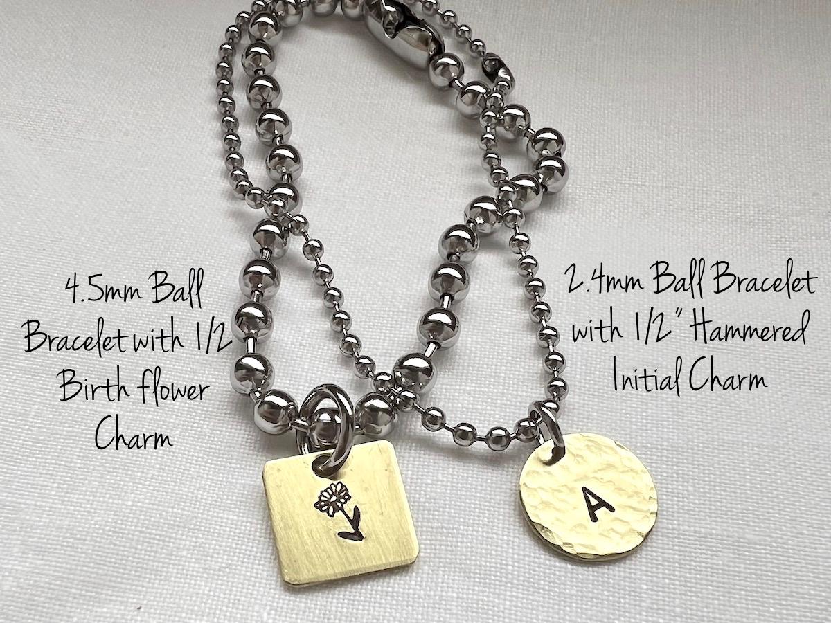 Chunky Ball Chain Bracelet Set with Personalized Hand Stamped Brass Initial Charm and Heart Charm | Layering Bracelet | Personalized Jewelry