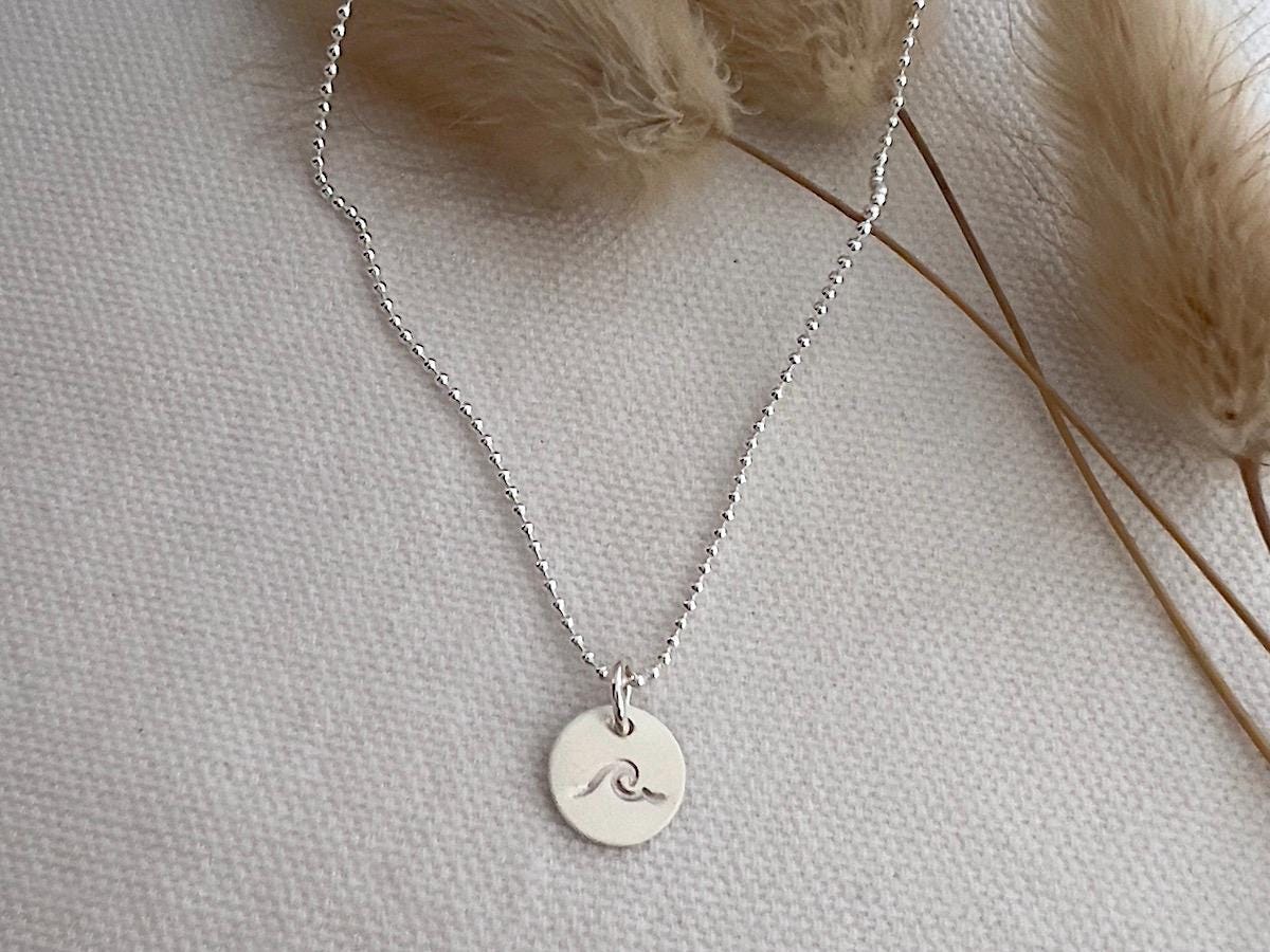 Surf Necklace | Beach Wave Necklace |  Sterling Silver Necklace | Tiny Disc Necklace