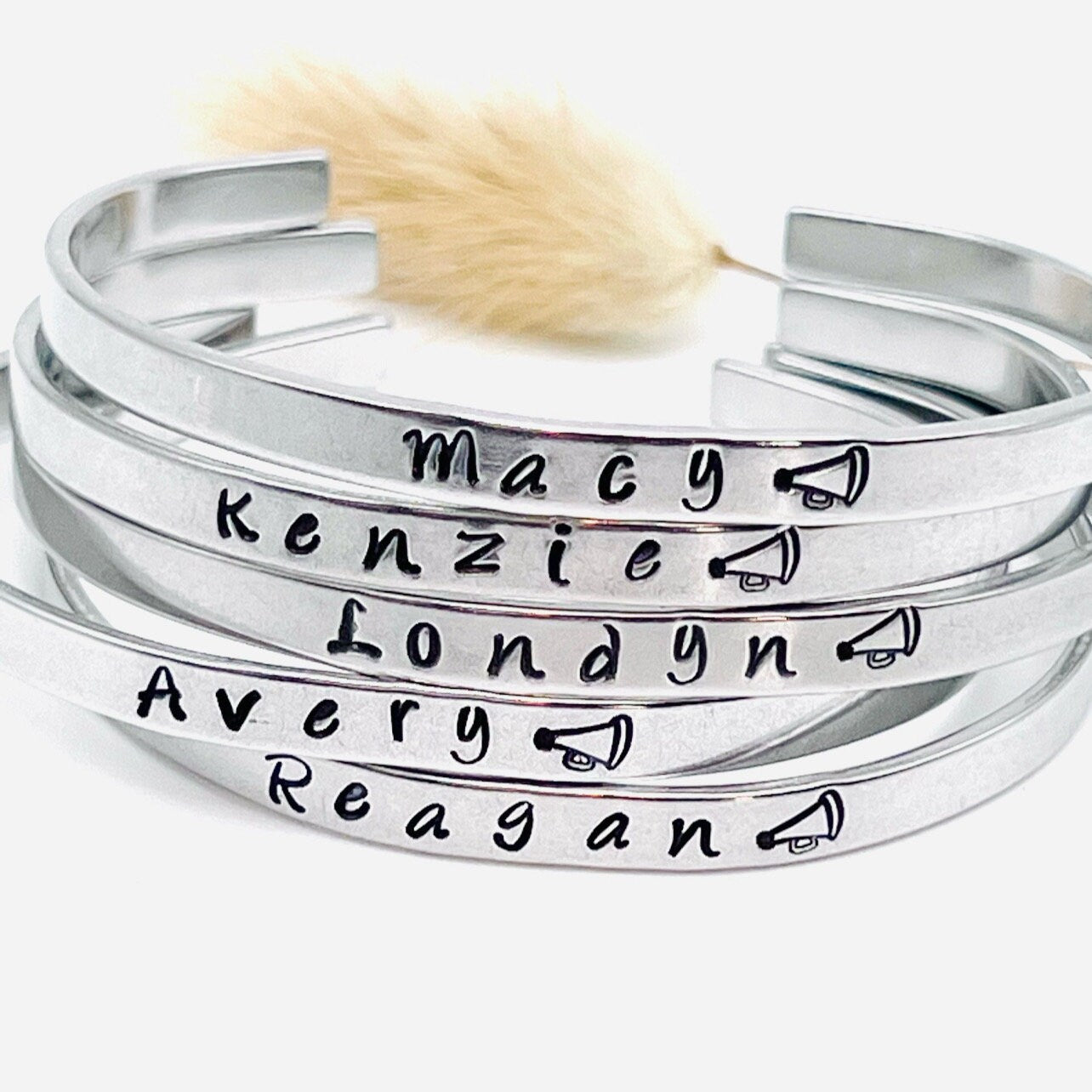 Cheerleader Bracelet | Personalized Gift | Hand Stamped Bracelet | Name Bracelet | Skinny Cuff Bracelet | Cheer Gifts | Megaphone Jewelry