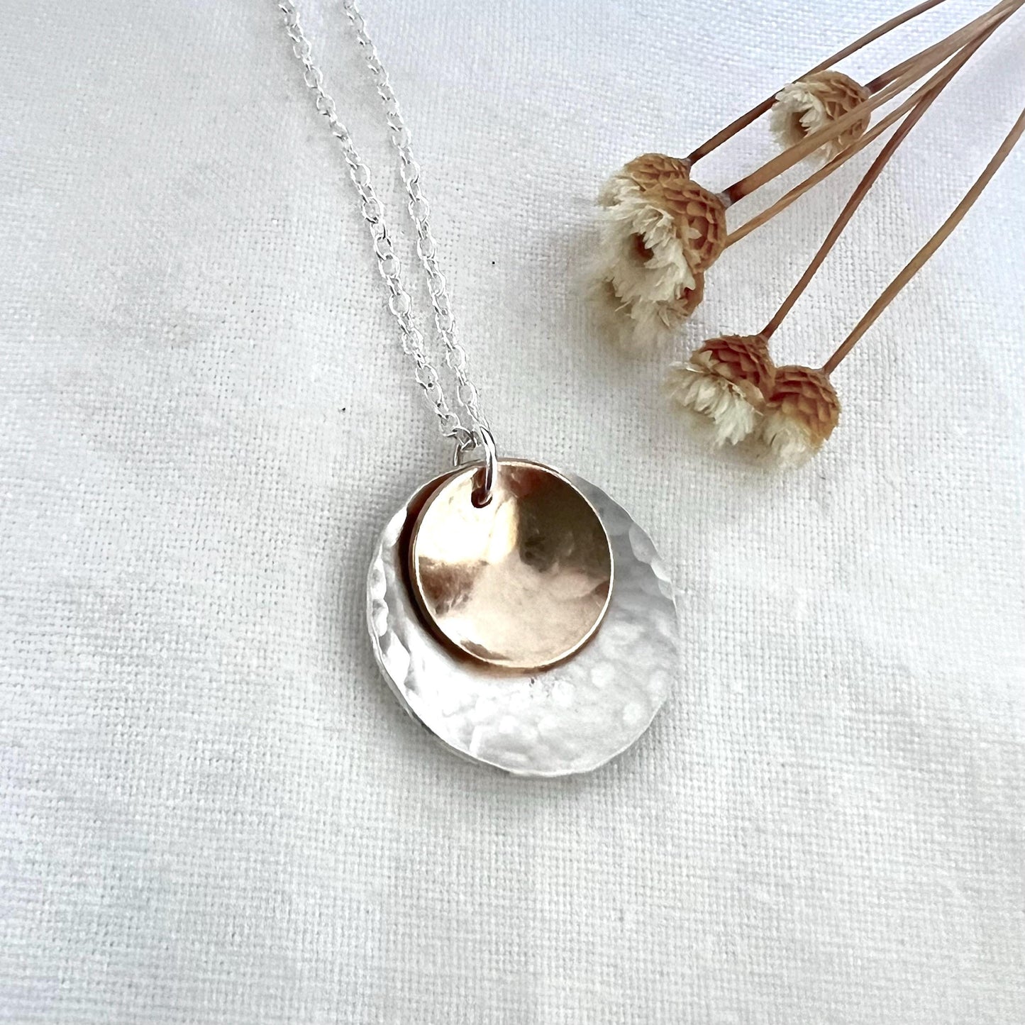 Hammered Sterling Silver & Gold Circle Pendant Necklace | Mixed Metal Jewelry