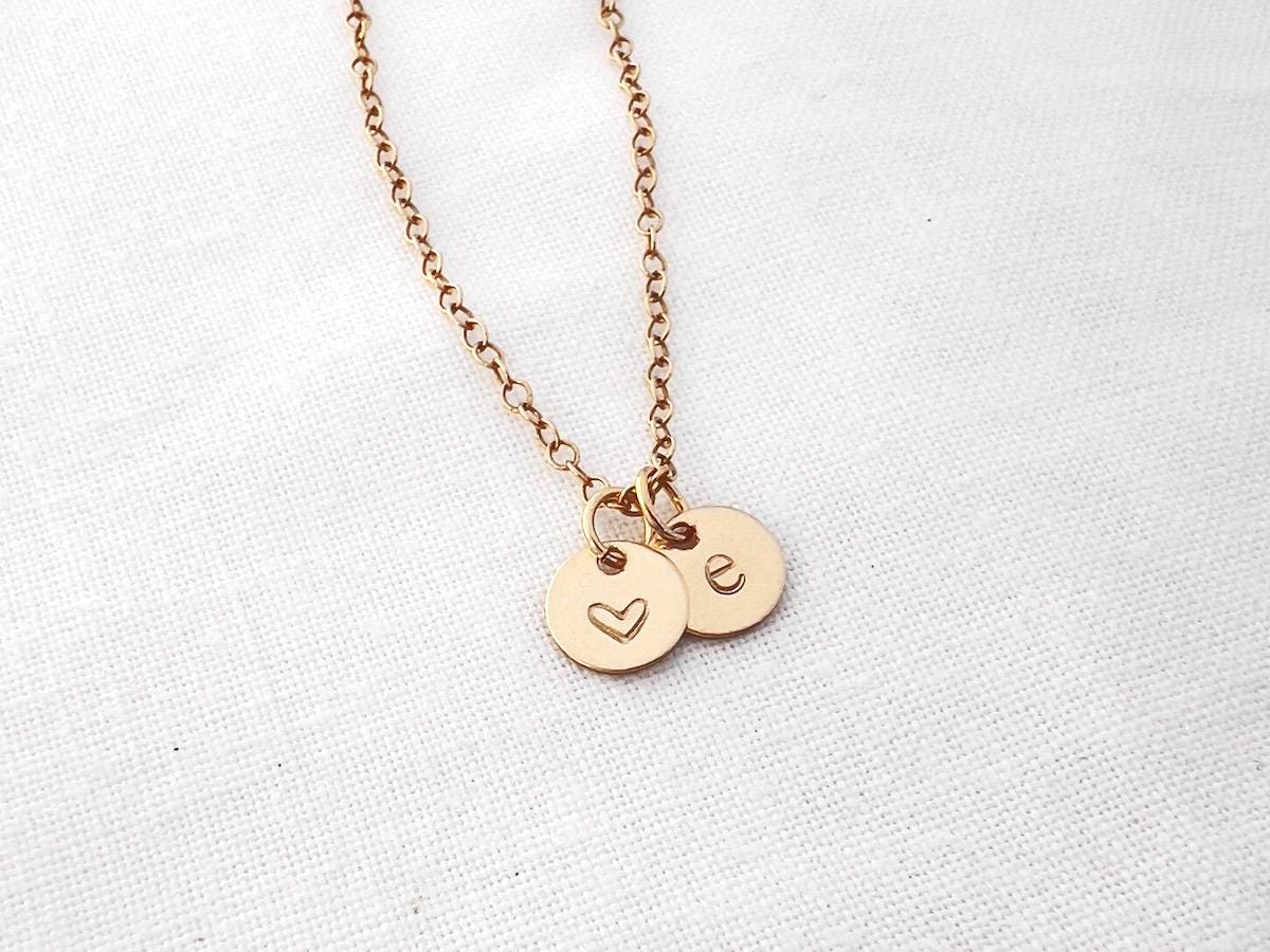 Gold Initial Disc Necklace | Personalized Heart Charm | 14k Gold Filled