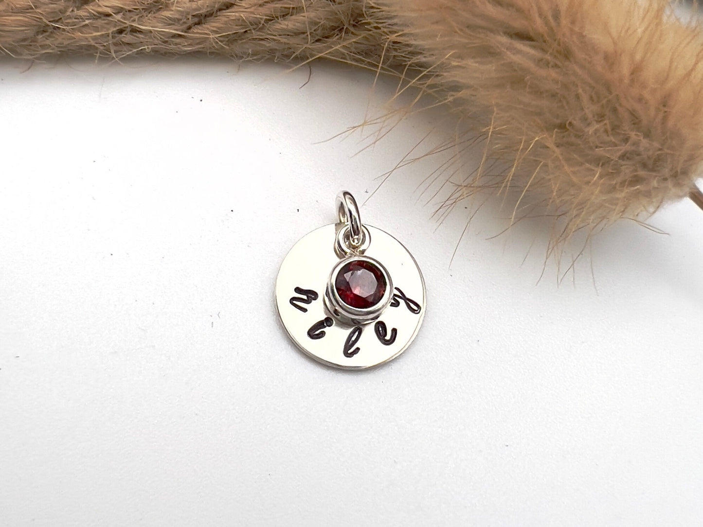 Personalized Name Charm with Birthstone | Hand Stamped Sterling Silver