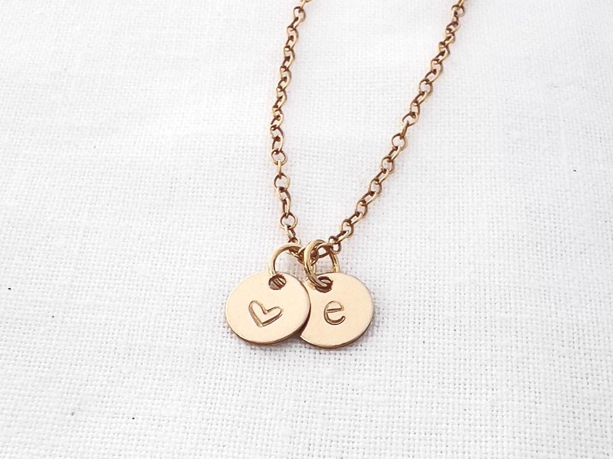 Gold Initial Disc Necklace | Personalized Heart Charm | 14k Gold Filled
