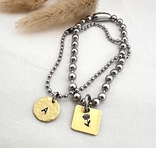 Chunky Ball Chain Bracelet Set with Personalized Hand Stamped Brass Initial Charm and Heart Charm | Layering Bracelet | Personalized Jewelry