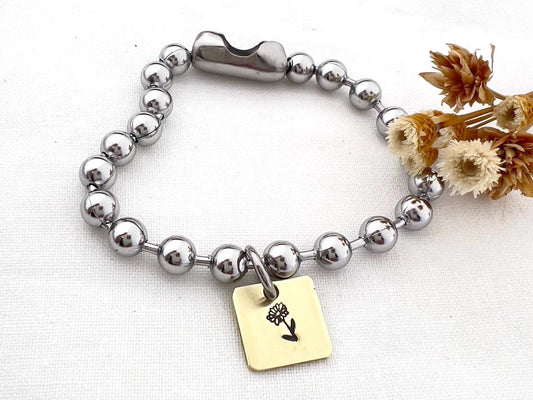 Birth Flower Bracelet | Stainless Steel Ball Chain | Brass Charm