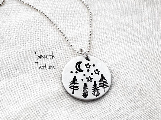 Night Sky Forest Nature Necklace | Outdoorsy Adventure Camping Jewelry | Hand-Stamped Sterling Silver Pendant Jewelry
