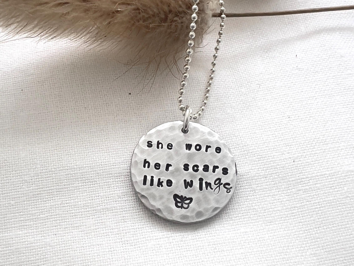 She Wore Her Scars Like Wings Necklace | Sterling Silver Pendant | Mental Health Awareness | Inspirational Recovery Support Cancer Gift