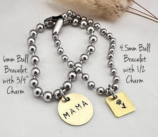 Chunky Stainless Steel Ball Chain Bracelet Set with Name & Birth Flower Brass Charms | Personalized Gift for Her | Personalized Jewelry