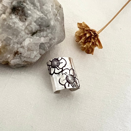 Hammered Sterling Silver Ear Cuff | Wide Non Pierced Earring | Floral Ear Wrap | Helix Cuff