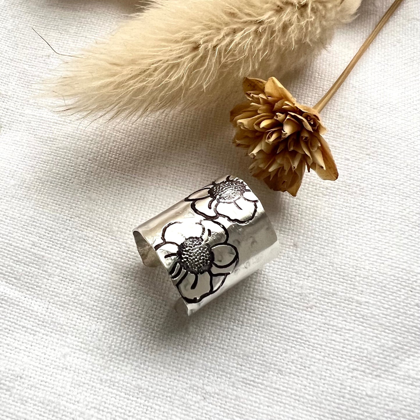 Hammered Sterling Silver Ear Cuff | Wide Non Pierced Earring | Floral Ear Wrap | Helix Cuff