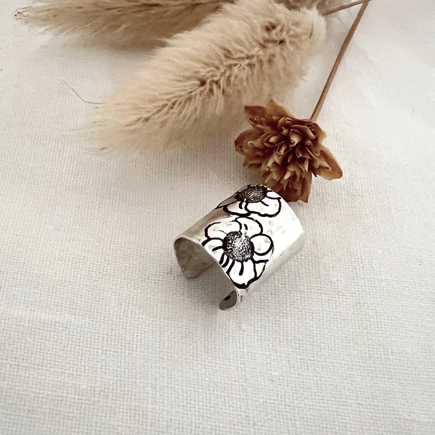 Hammered Sterling Silver Ear Cuff | Wide Non Pierced Earring | Floral Ear Wrap | Helix Cuff