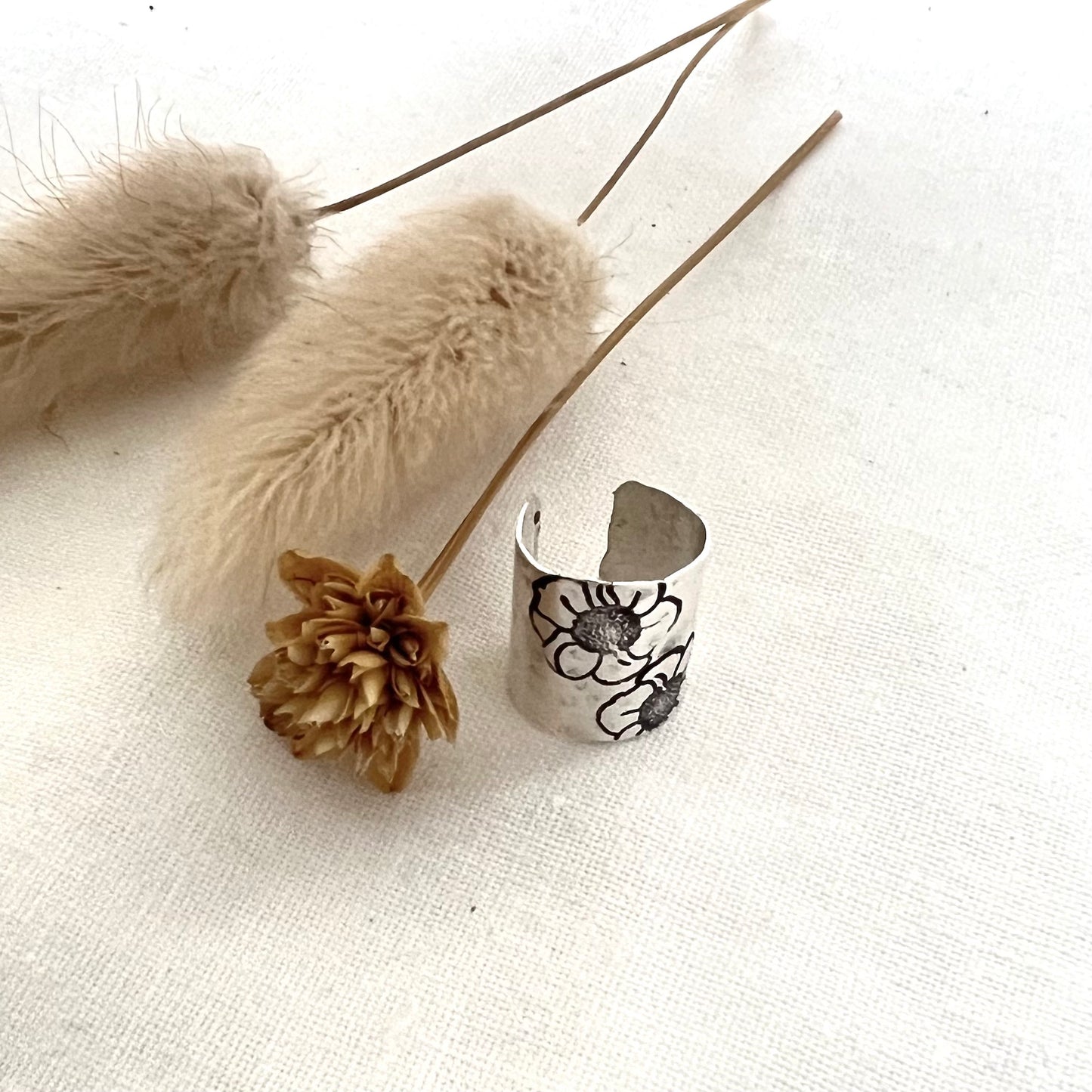 Hammered Sterling Silver Ear Cuff | Wide Non Pierced Earring | Floral Ear Wrap | Helix Cuff