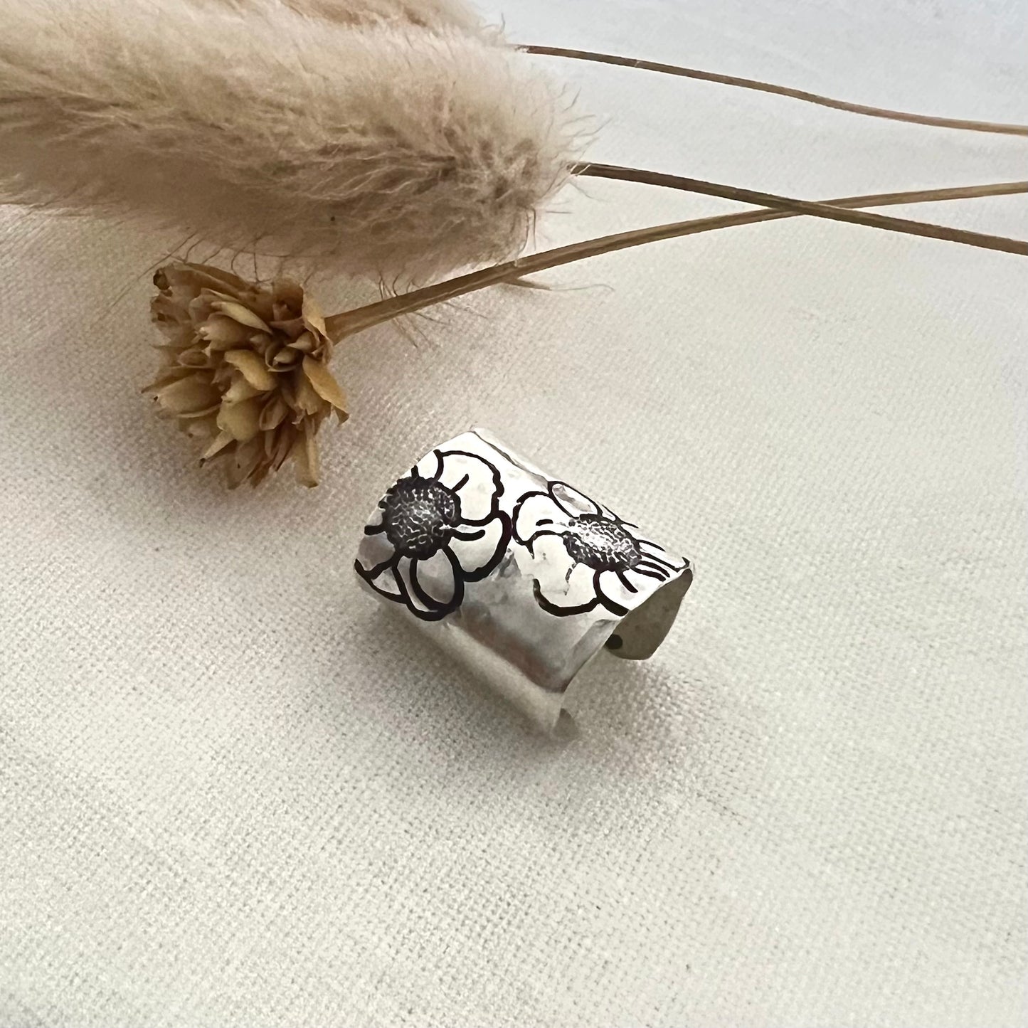 Hammered Sterling Silver Ear Cuff | Wide Non Pierced Earring | Floral Ear Wrap | Helix Cuff