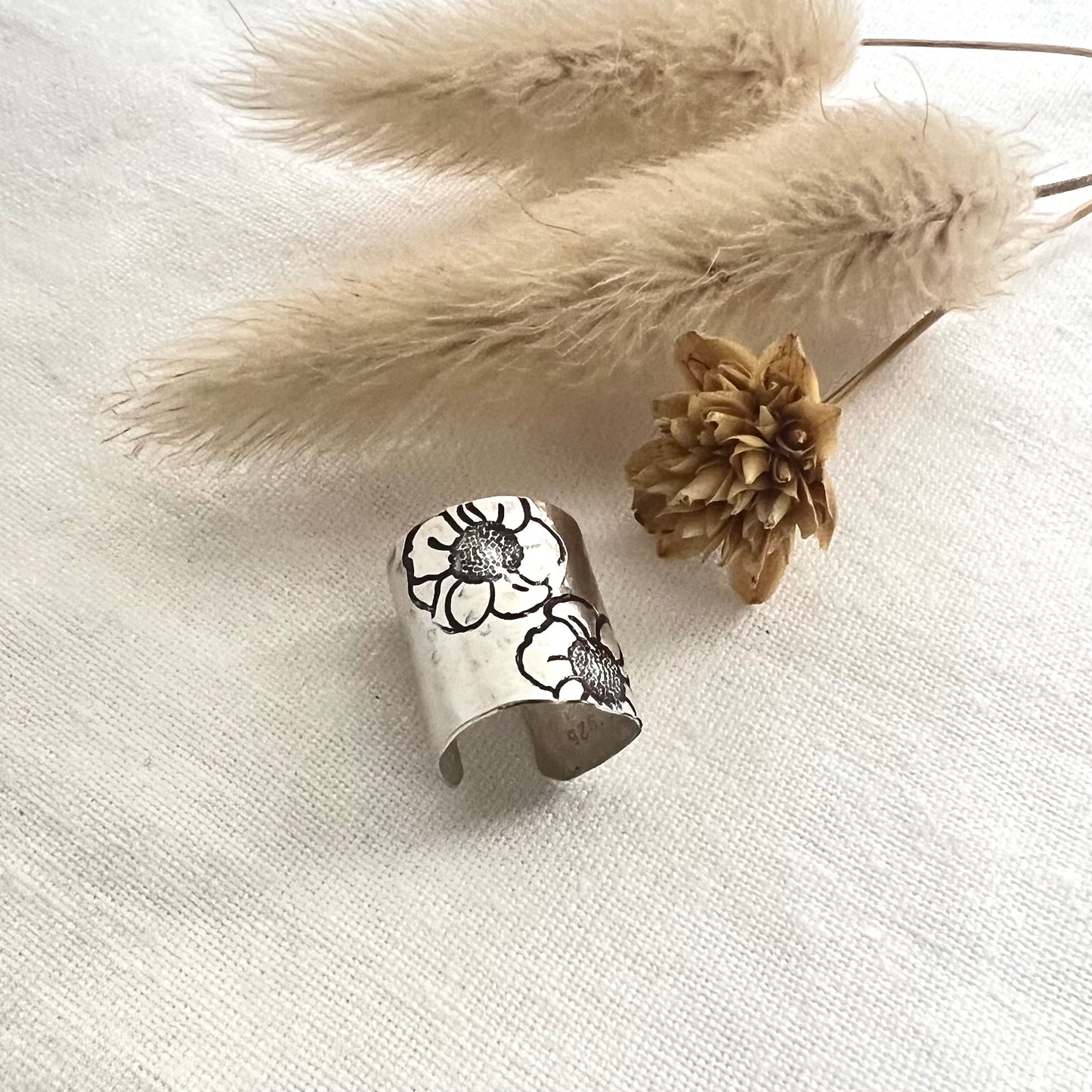 Hammered Sterling Silver Ear Cuff | Wide Non Pierced Earring | Floral Ear Wrap | Helix Cuff