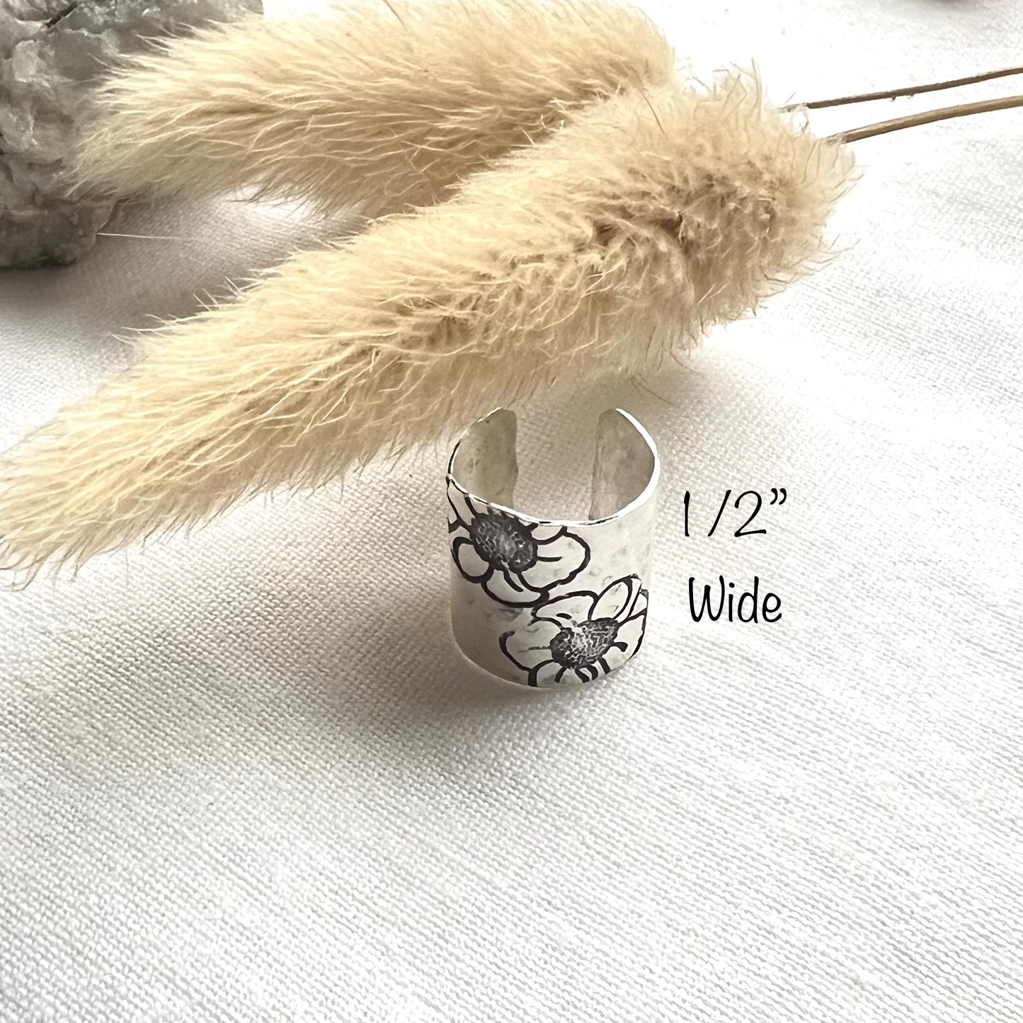 Hammered Sterling Silver Ear Cuff | Wide Non Pierced Earring | Floral Ear Wrap | Helix Cuff