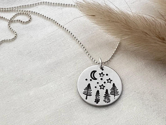 Night Sky Forest Nature Necklace | Outdoorsy Adventure Camping Jewelry | Hand-Stamped Sterling Silver Pendant Jewelry