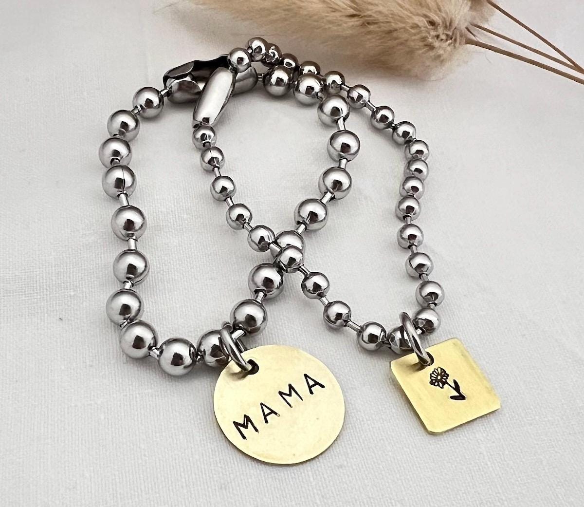 Chunky Stainless Steel Ball Chain Bracelet Set with Name & Birth Flower Brass Charms | Personalized Gift for Her | Personalized Jewelry