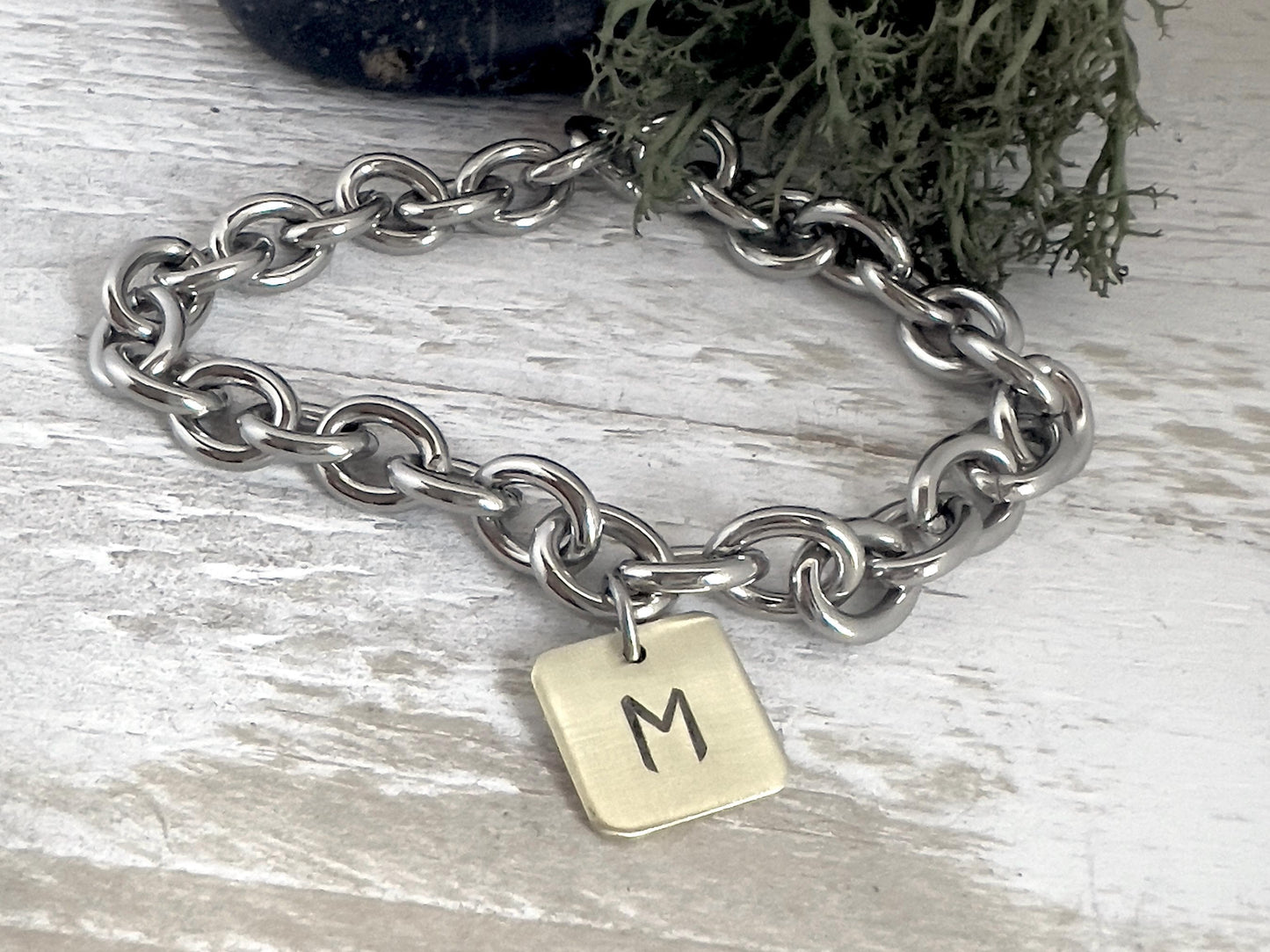 Chunky Charm Bracelet With Initial | Stainless Steel Chain Bracelet | Hand Stamped | Personalized Jewelry | Gift For Her
