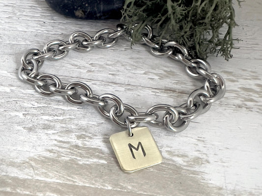 Chunky Charm Bracelet With Initial | Stainless Steel Chain Bracelet | Hand Stamped | Personalized Jewelry | Gift For Her