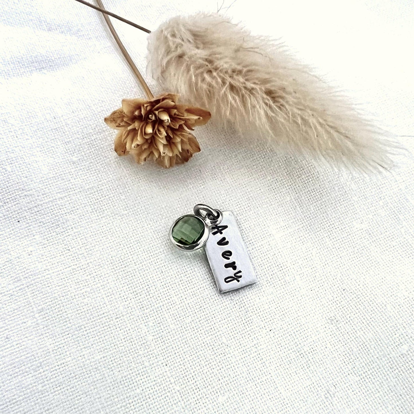 Custom Birthstone Name Charm | Tiny Silver Tag Pendant |  Personalized Necklace Charm | Sterling Silver Jewelry Gift