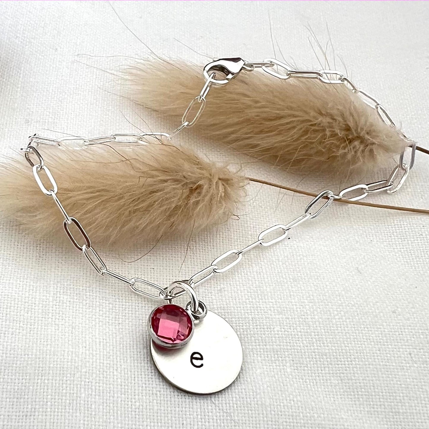 Sterling Silver Initial Birthstone Bracelet | Personalized Charm Bracelet | Paperclip Bracelet | Custom Gift for Her