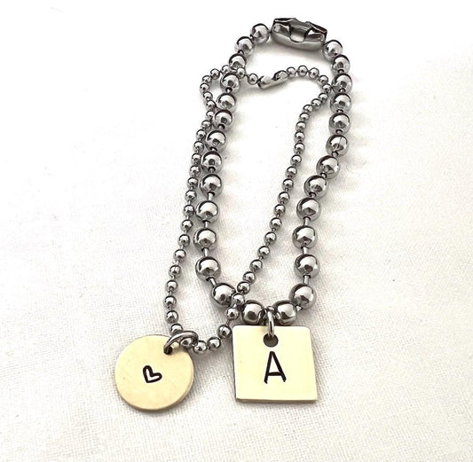 Chunky Stainless Steel Ball Chain Bracelet Set With A Hand Stamped Initial Brass Tag And Heart Tag |  Mom gift | Personalized Gift For Her