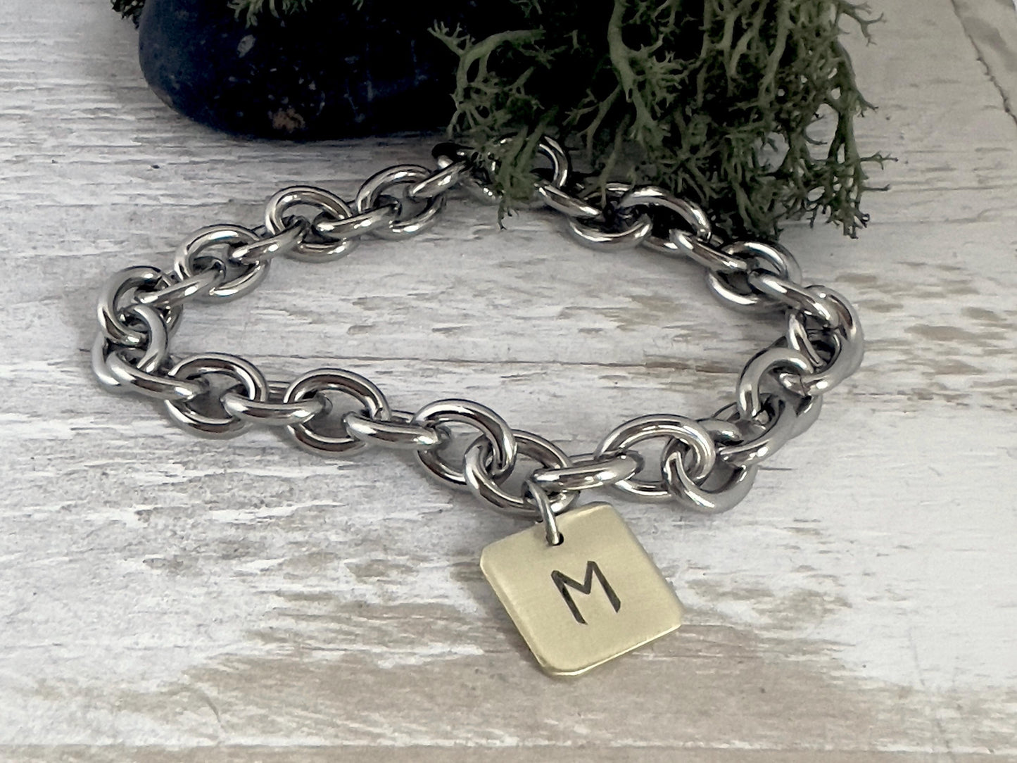 Chunky Charm Bracelet With Initial | Stainless Steel Chain Bracelet | Hand Stamped | Personalized Jewelry | Gift For Her