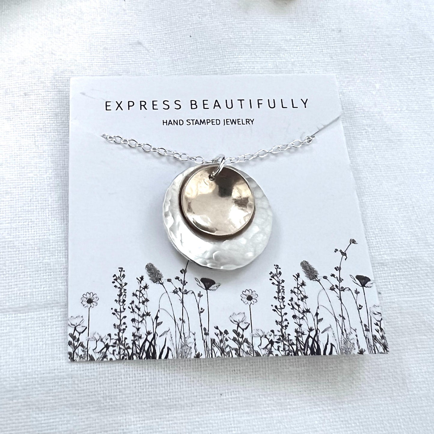 Hammered Sterling Silver & Gold Circle Pendant Necklace | Mixed Metal Jewelry