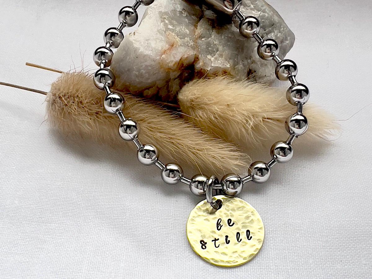Chunky Ball Chain Bracelet | Brass Disc 'Be Still' Charm | Inspirational Jewelry | Gift for Her | Christian Quote Bracelet | Mindful Jewelry
