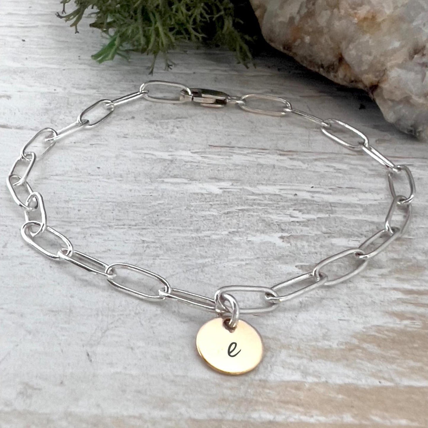 Sterling Silver Paperclip Bracelet with Gold Initial Charm | Personalized Minimalist Jewelry | Gift for Her