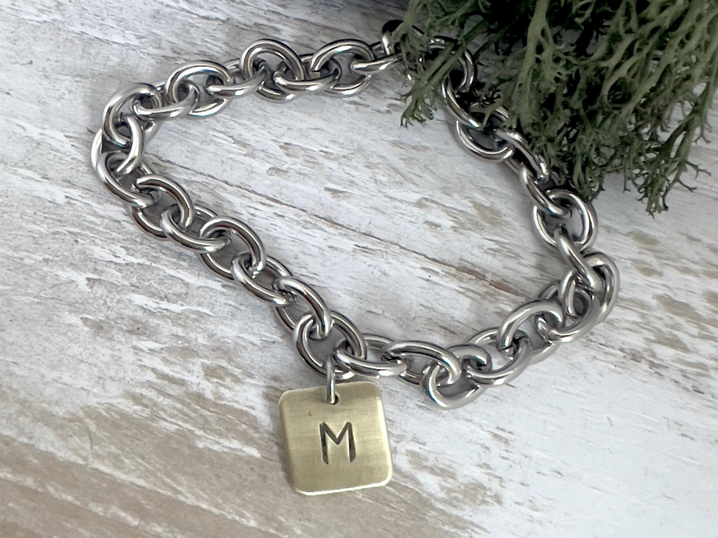 Chunky Charm Bracelet With Initial | Stainless Steel Chain Bracelet | Hand Stamped | Personalized Jewelry | Gift For Her
