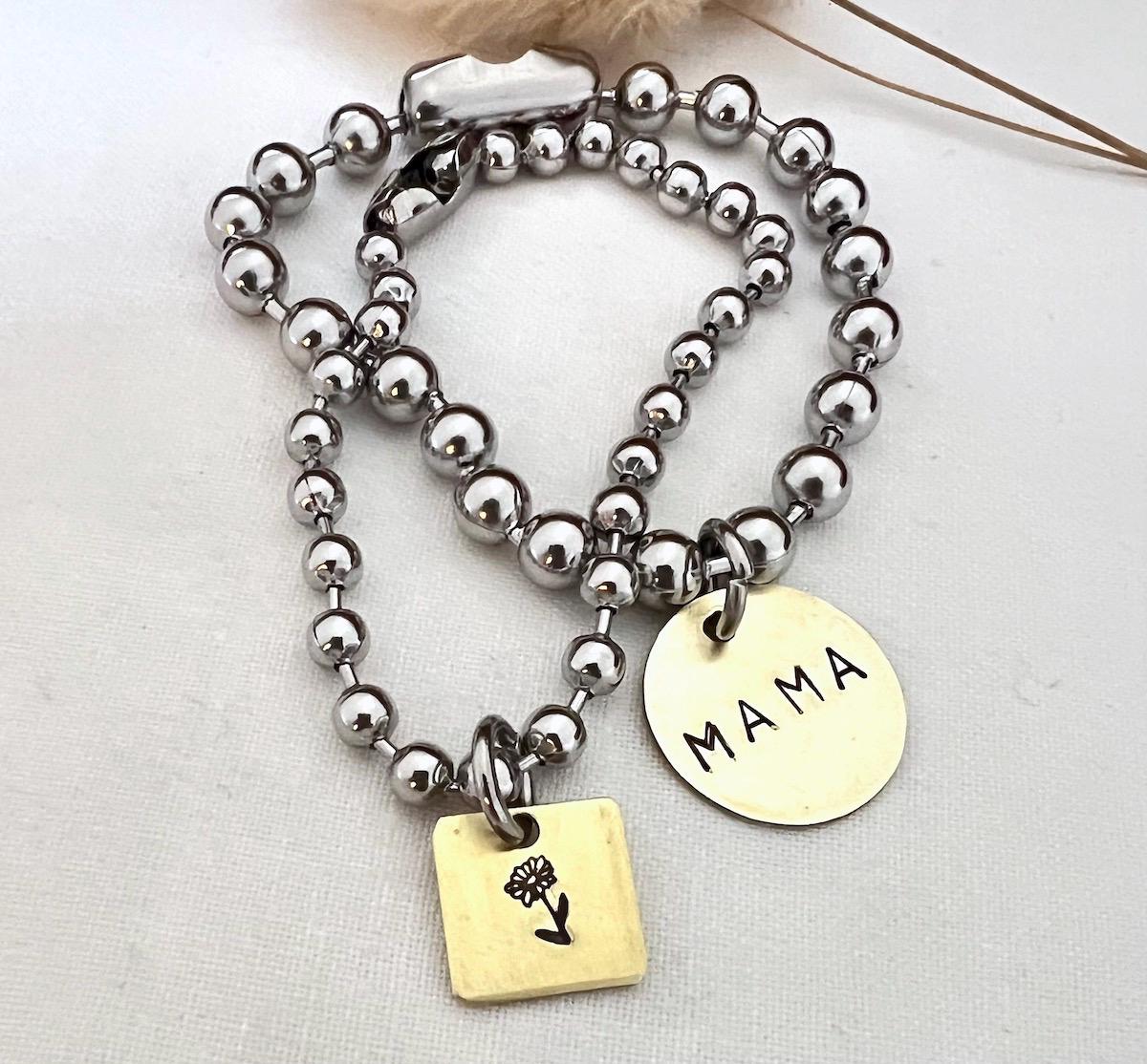 Chunky Stainless Steel Ball Chain Bracelet Set with Name & Birth Flower Brass Charms | Personalized Gift for Her | Personalized Jewelry