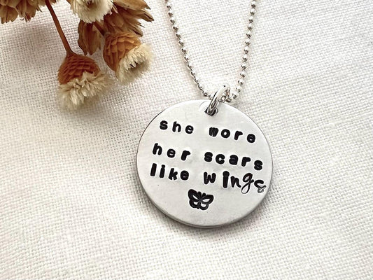 She Wore Her Scars Like Wings Necklace | Sterling Silver Pendant | Mental Health Awareness | Inspirational Recovery Support Cancer Gift
