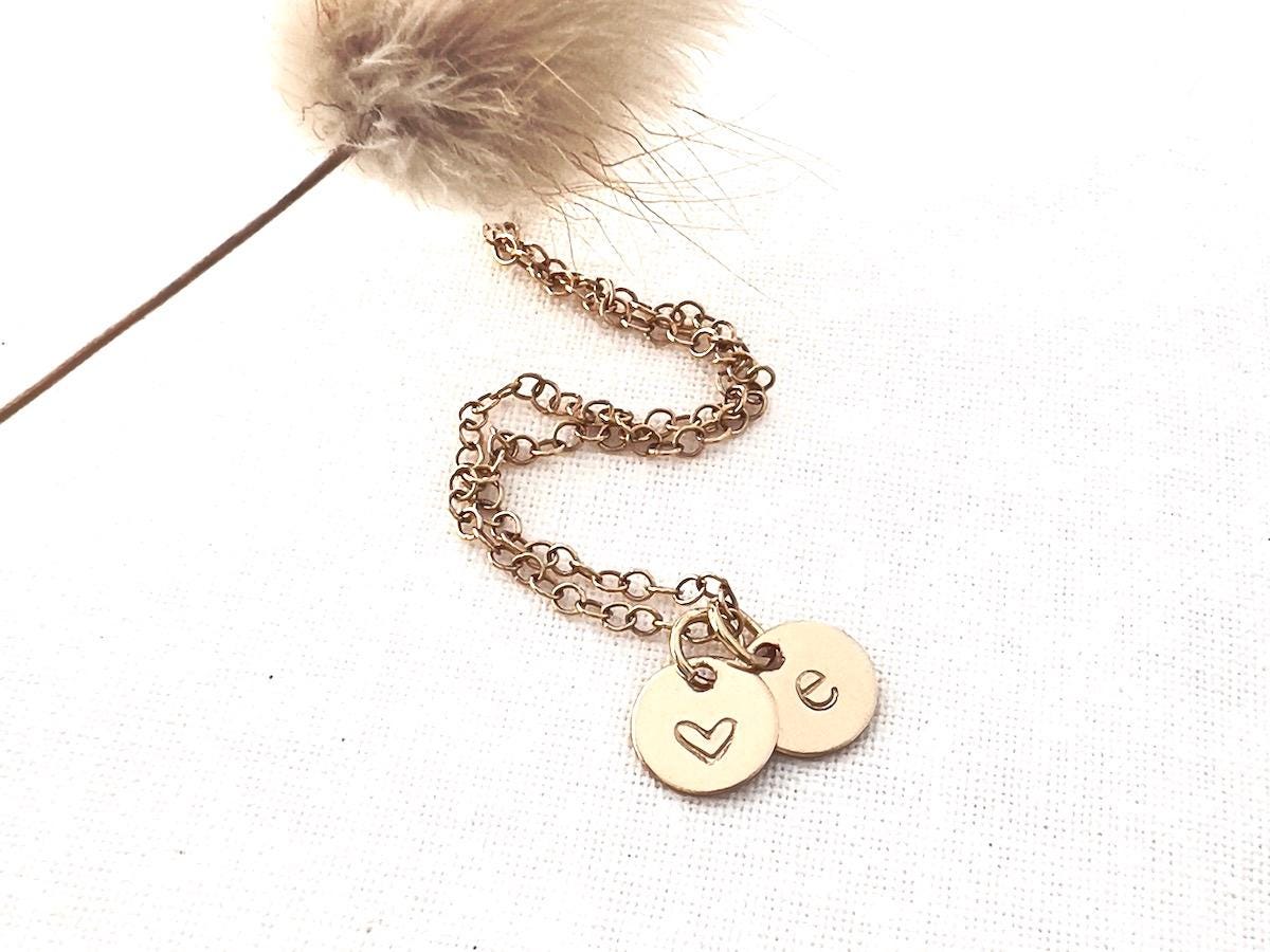 Gold Initial Disc Necklace | Personalized Heart Charm | 14k Gold Filled