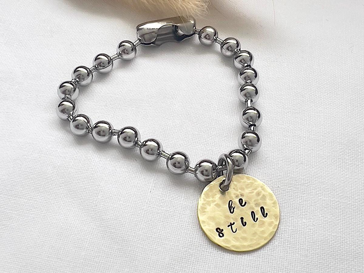 Chunky Ball Chain Bracelet | Brass Disc 'Be Still' Charm | Inspirational Jewelry | Gift for Her | Christian Quote Bracelet | Mindful Jewelry