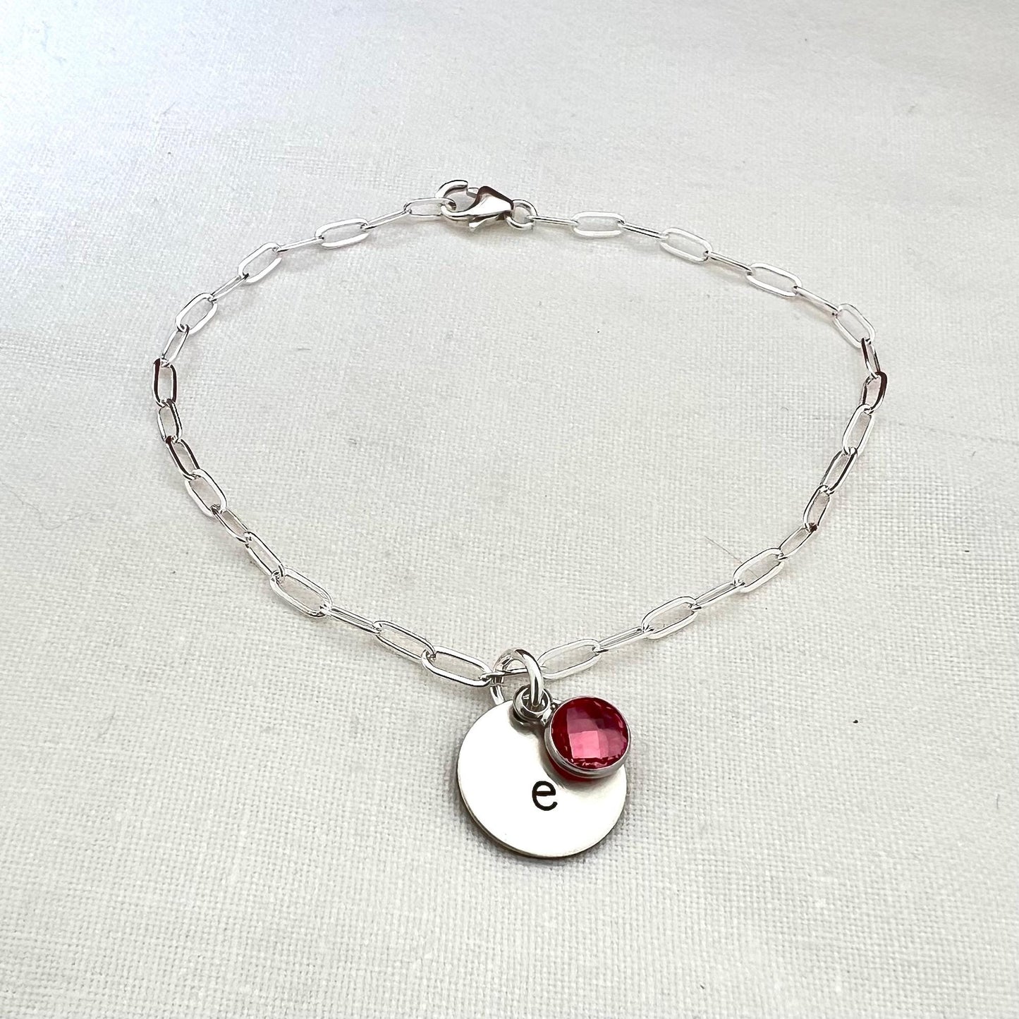 Sterling Silver Initial Birthstone Bracelet | Personalized Charm Bracelet | Paperclip Bracelet | Custom Gift for Her