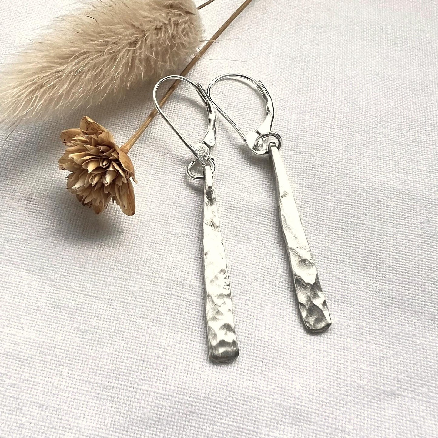 Sterling Silver Dangle Earrings | Hammered Bar Earrings | Everyday Jewelry