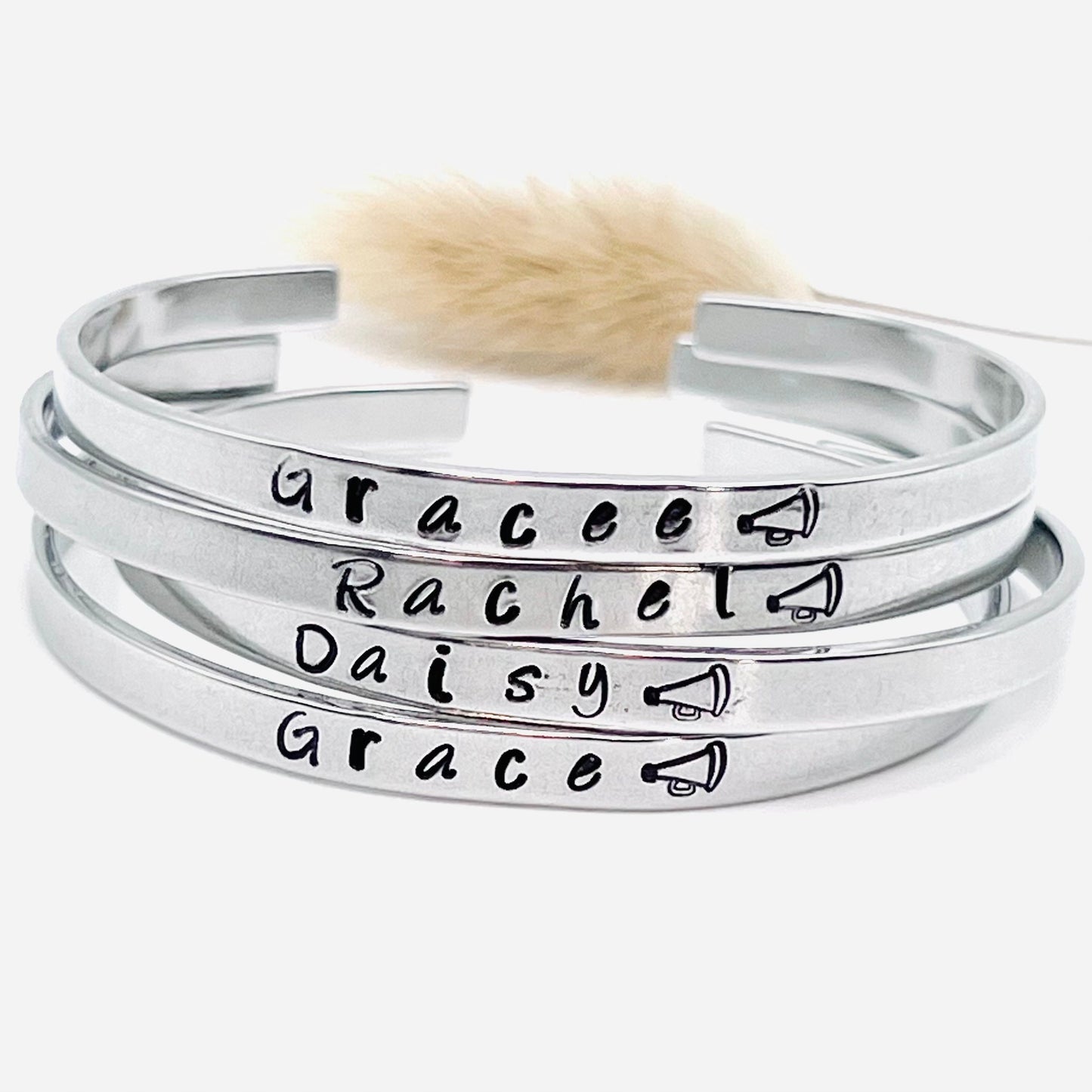 Cheerleader Bracelet | Personalized Gift | Hand Stamped Bracelet | Name Bracelet | Skinny Cuff Bracelet | Cheer Gifts | Megaphone Jewelry