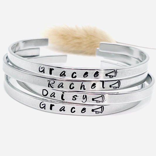 Cheerleader Bracelet | Personalized Gift | Hand Stamped Bracelet | Name Bracelet | Skinny Cuff Bracelet | Cheer Gifts | Megaphone Jewelry