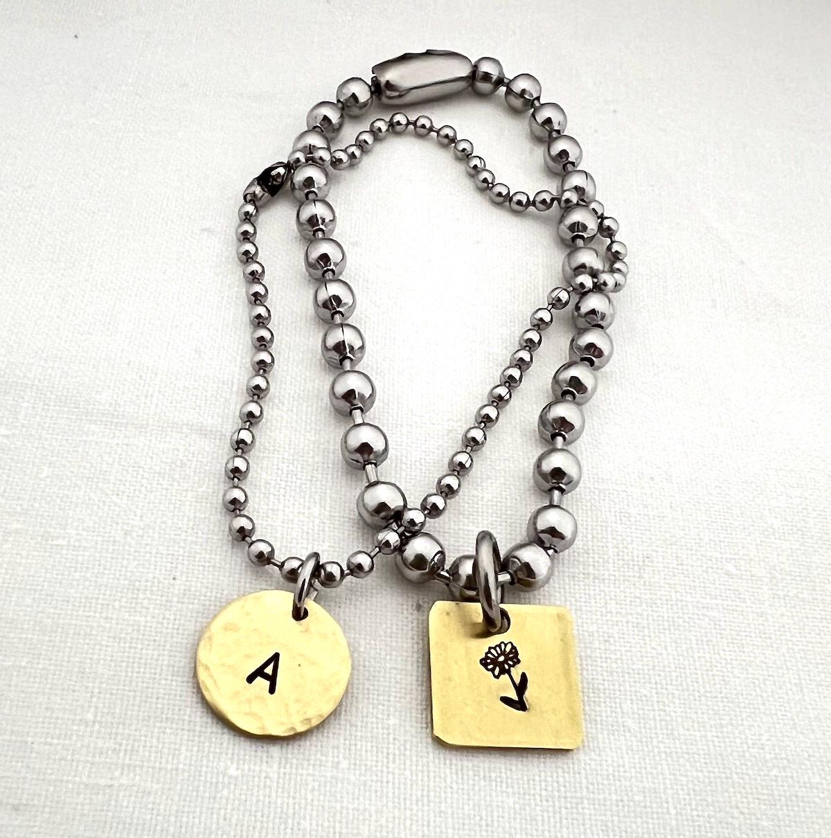 Chunky Ball Chain Bracelet Set with Personalized Hand Stamped Brass Initial Charm and Heart Charm | Layering Bracelet | Personalized Jewelry