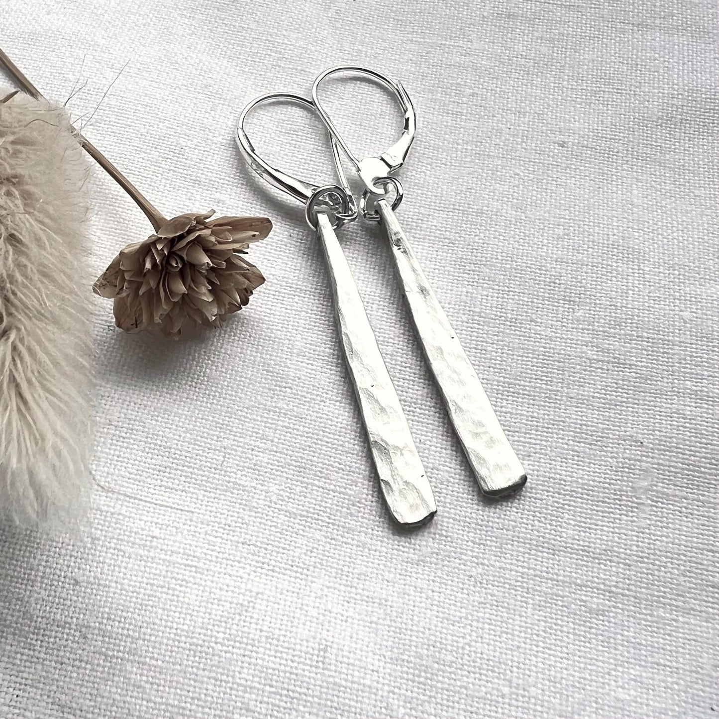 Sterling Silver Dangle Earrings | Hammered Bar Earrings | Everyday Jewelry