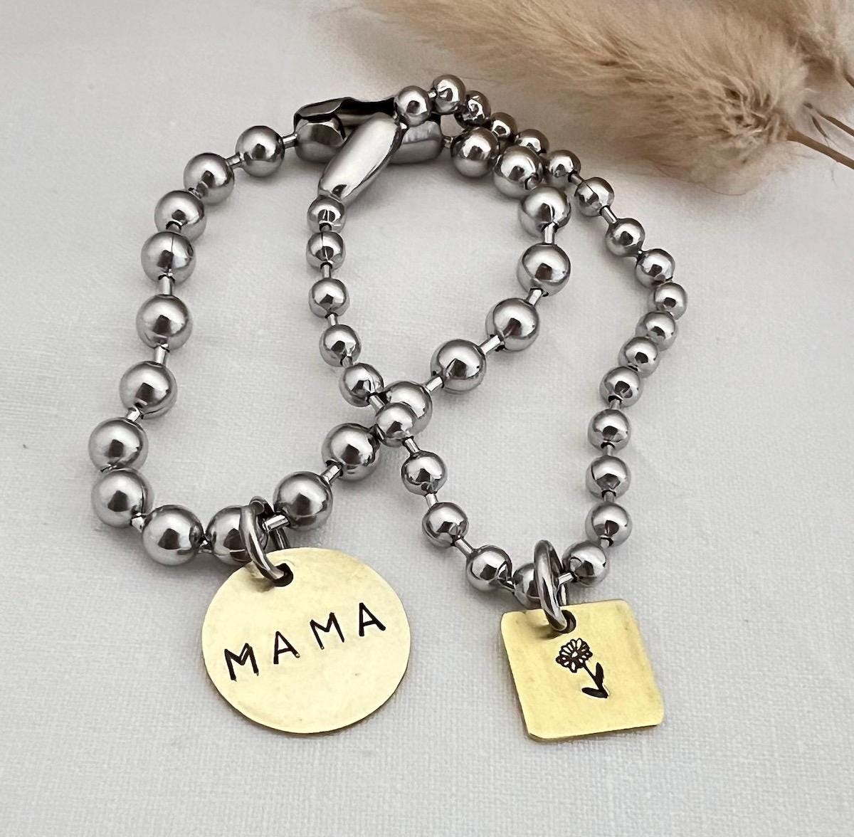 Chunky Stainless Steel Ball Chain Bracelet Set with Name & Birth Flower Brass Charms | Personalized Gift for Her | Personalized Jewelry