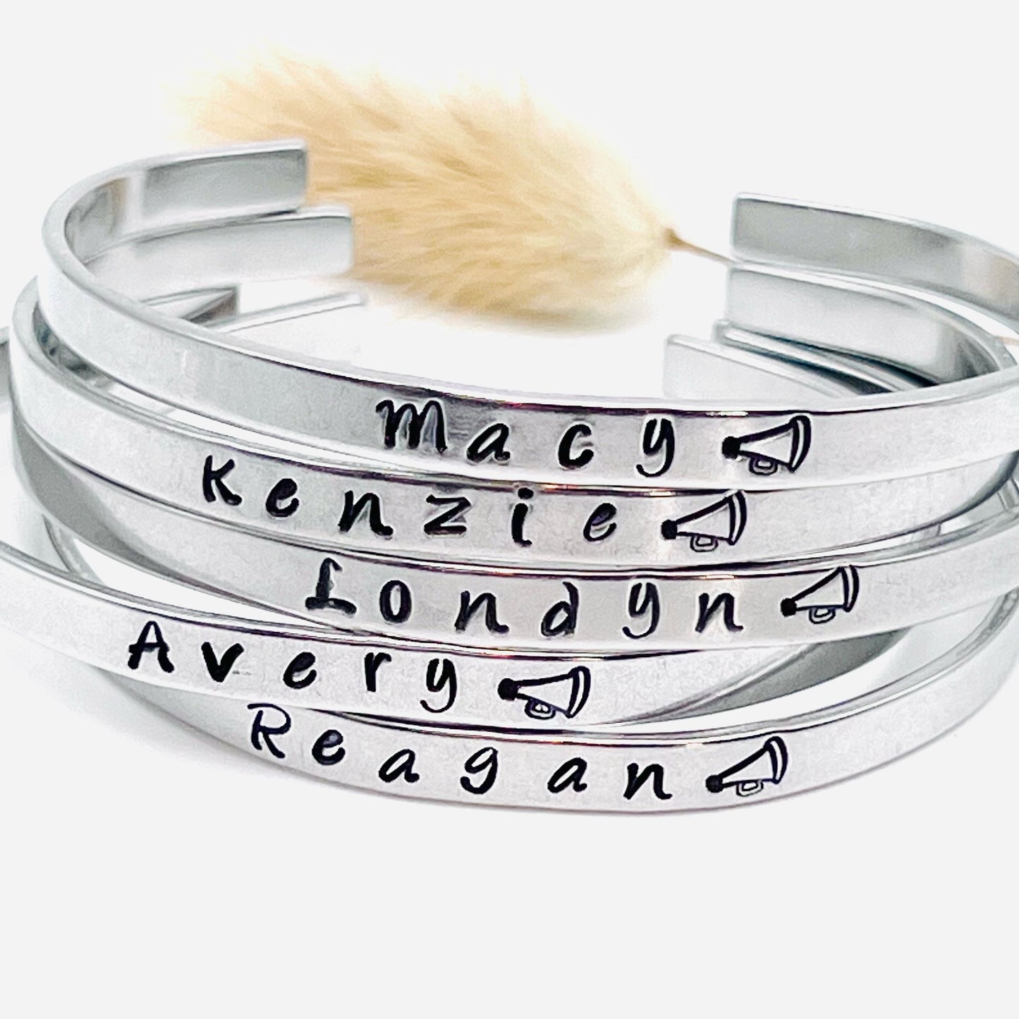 Cheerleader Bracelet | Personalized Gift | Hand Stamped Bracelet | Name Bracelet | Skinny Cuff Bracelet | Cheer Gifts | Megaphone Jewelry